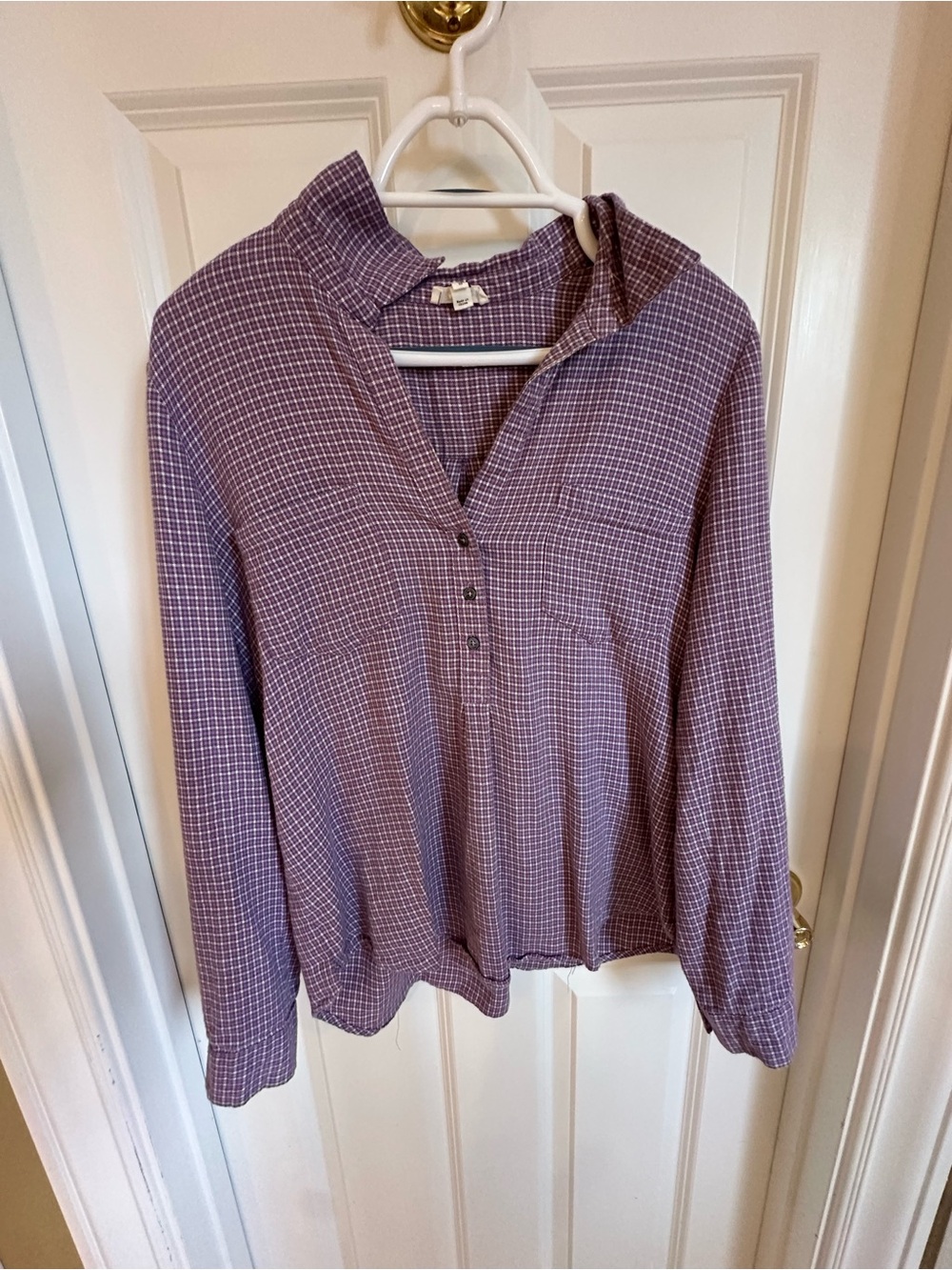 Lightweight Purple Check Henley Shirt - Women's Top